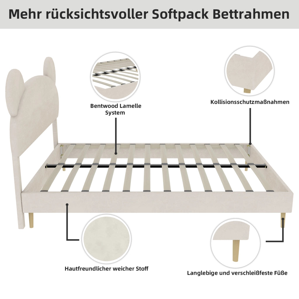 Letto per Bambini Singolo 140x200 cm; con Testiera Imbottita in Tessuto e Metallo; Beige