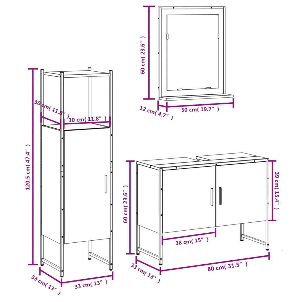 Set Mobili da Bagno 3 pz Grigio Sonoma in Legno Multistrato 3214352