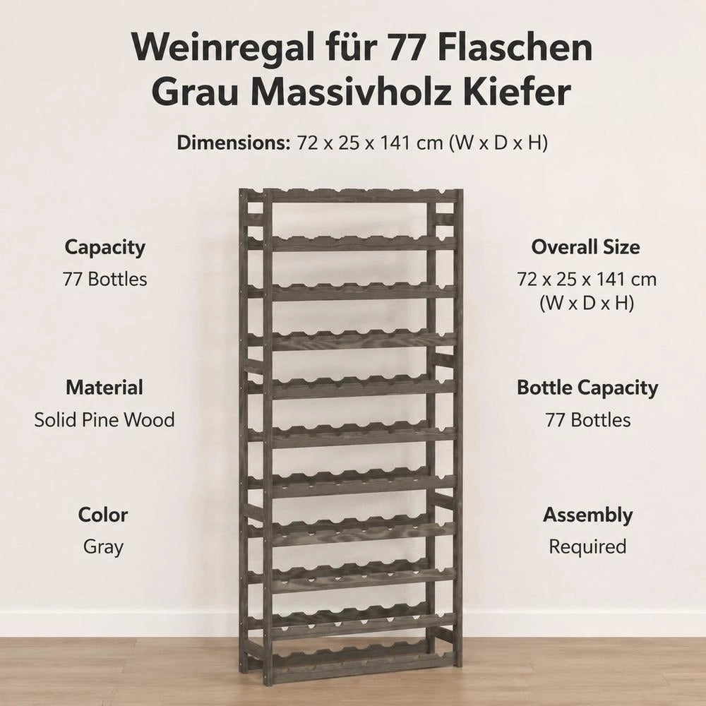 Wine Rack For 77 Bottles, Grey Solid Pine Wood