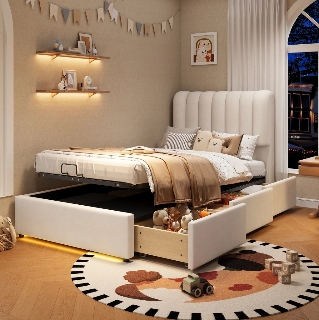 Letto imbottito per bambini 90x200 cm con contenitore, cassetti e LED