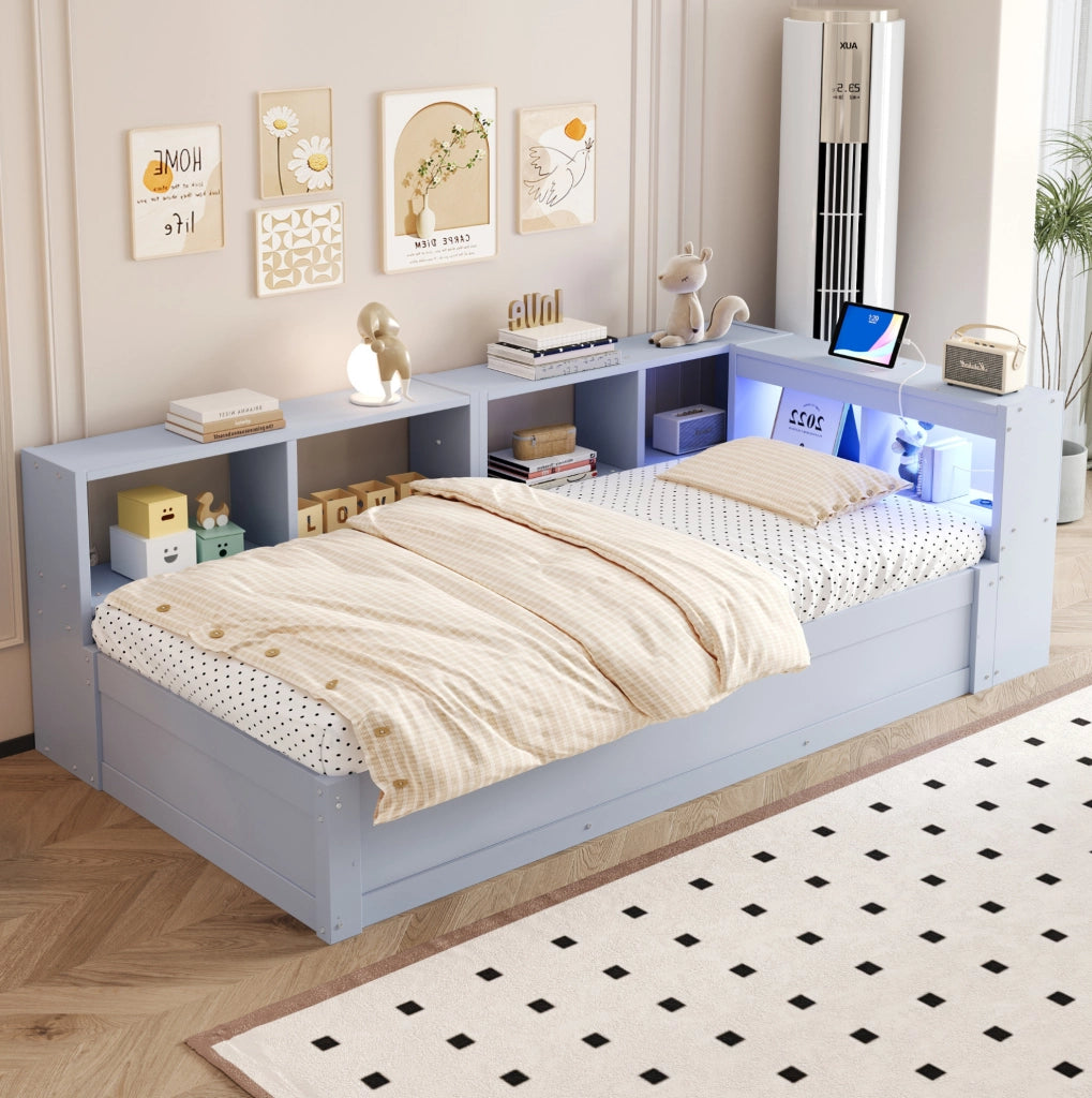 Letto multifunzione 90x200 cm con presa; contenitori e LED grigio