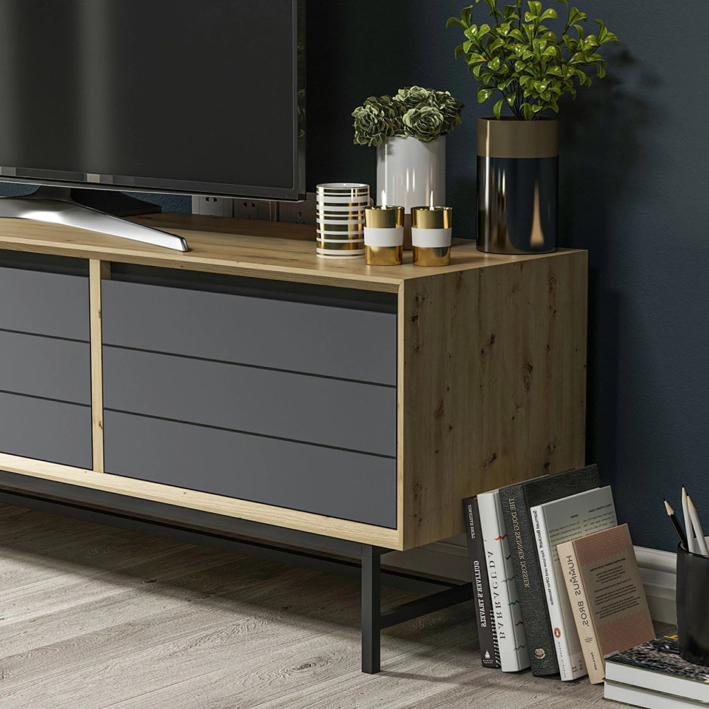 Mobile Basso Porta TV 'Gørlev' Armadietto con 3 Ante a Ribalta - Rovere Artisan / Antracite [en.casa]