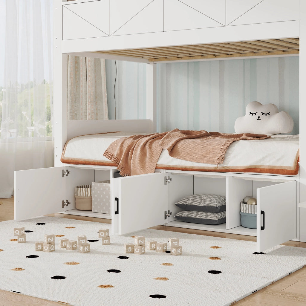 Letto a castello per bambini 90x200 cm con scala contenitore, vani portaoggetti sotto il letto, sponde di sicurezza alte e libreria, legno bianco