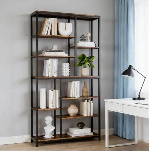 Libreria alta 100x30x200 cm in metallo e pannello rustico， nera， stile industriale