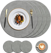 Set di 4 Tappeti da Tavolo in Pelle in Rilievo e 4 Dischetti di Protezione in PU - Resistenti al Calore e Antiscivolo - Lavabili - 34cm Tappeti e 10cm Dischetti - Grigio
