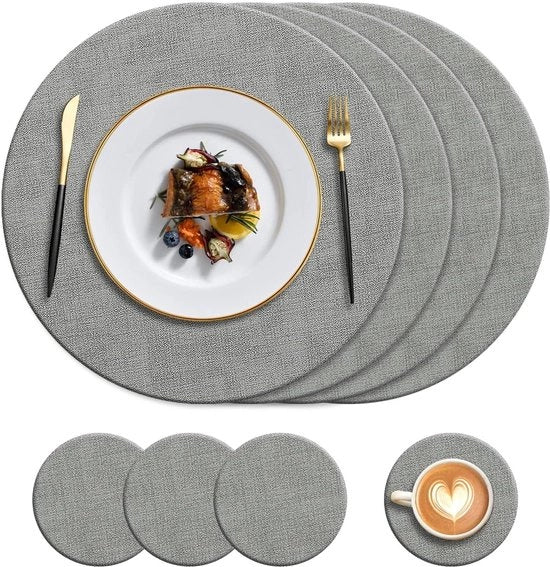 Set di 4 Tappeti da Tavolo in Pelle in Rilievo e 4 Dischetti di Protezione in PU - Resistenti al Calore e Antiscivolo - Lavabili - 34cm Tappeti e 10cm Dischetti - Grigio