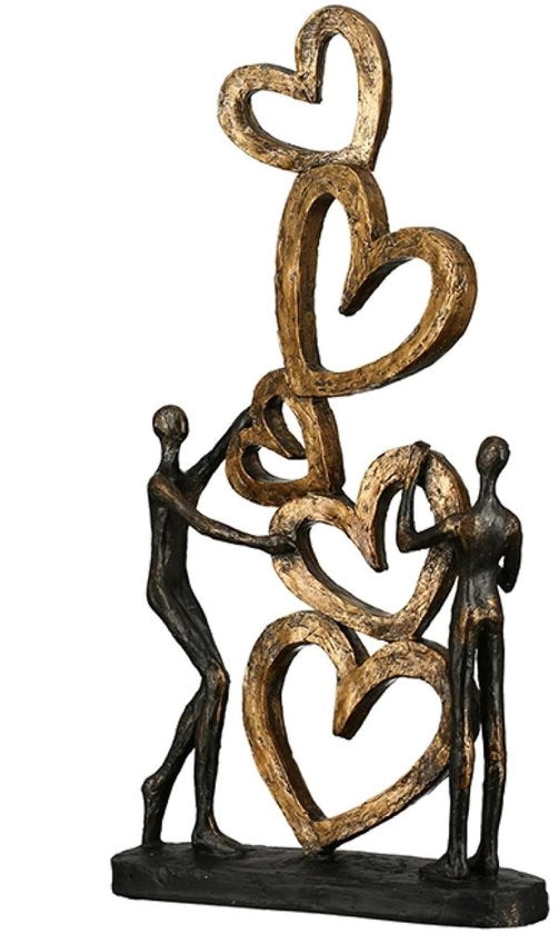 Scultura Cuore a Cuore - Statue bronzo - Cuore dorato - Finitura antica - Nero