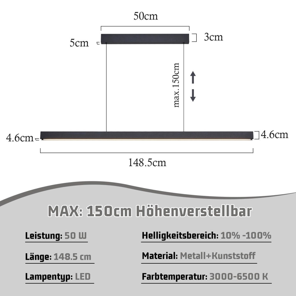 Lampada a sospensione ZMH sala da pranzo 148 CM lampada a sospensione lineare nera 37W dimmerabile cucina