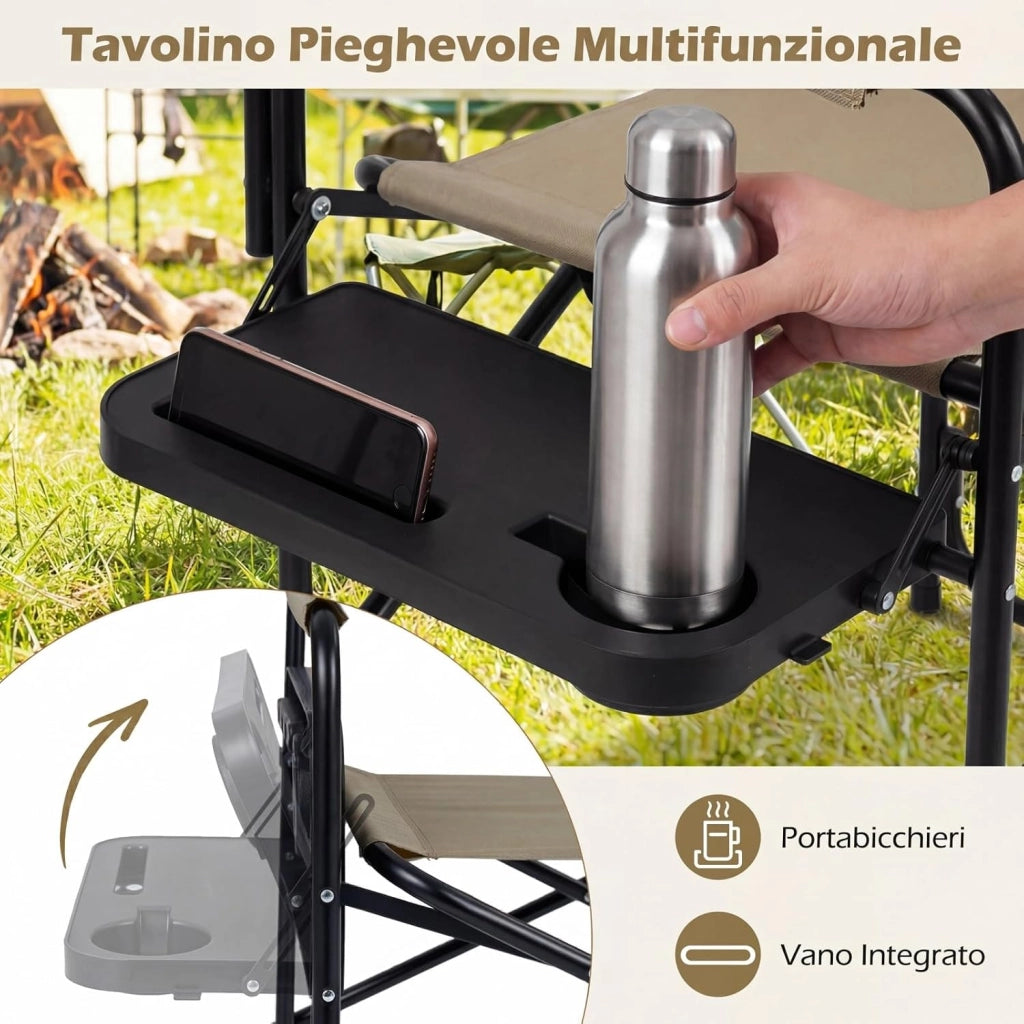 Sedia da Regista Campeggio Pieghevole, con Portabicchieri | Poltrona Ergonomica Salvaspazio, Struttura in Metallo, Terrazzo Giardino Campeggio Mare Spiaggia, Portata 160 kg