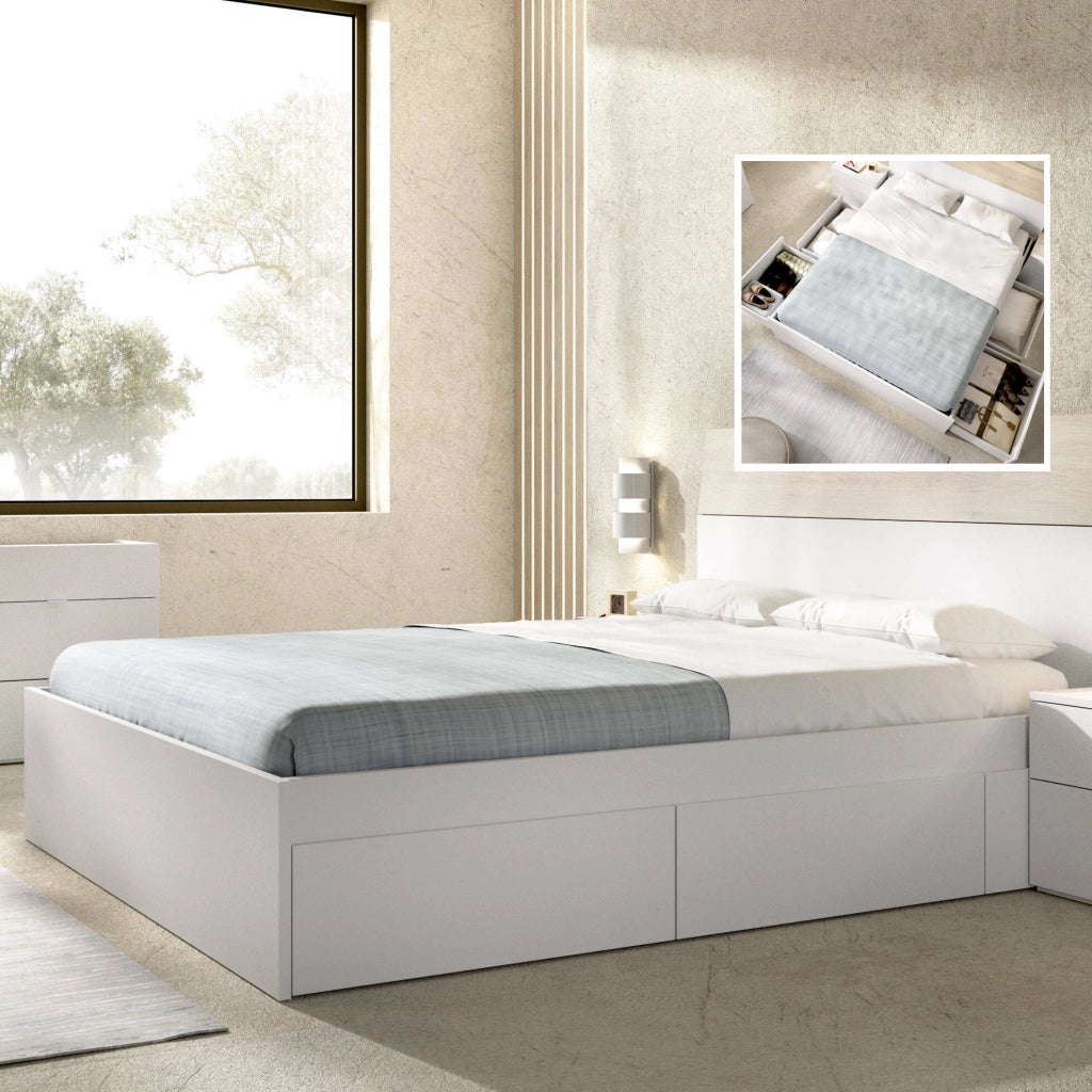 Letto matrimoniale Angus, Sommier giroletto, Struttura letto contenitore con 4 cassetti, 197x160h37 cm, Bianco