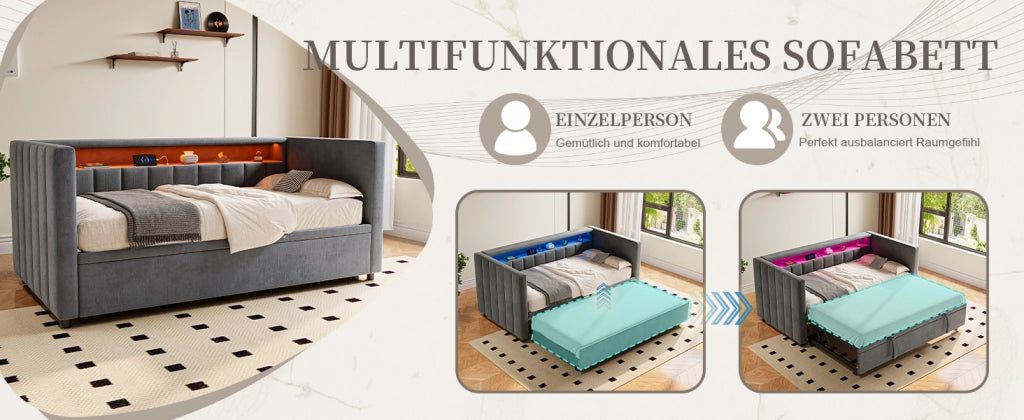 DESMIU Letto a scomparsa 90 × 190 cm 2 posti con luce LED regolabile, USB Type-C e vano contenitore, senza materasso, velluto grigio