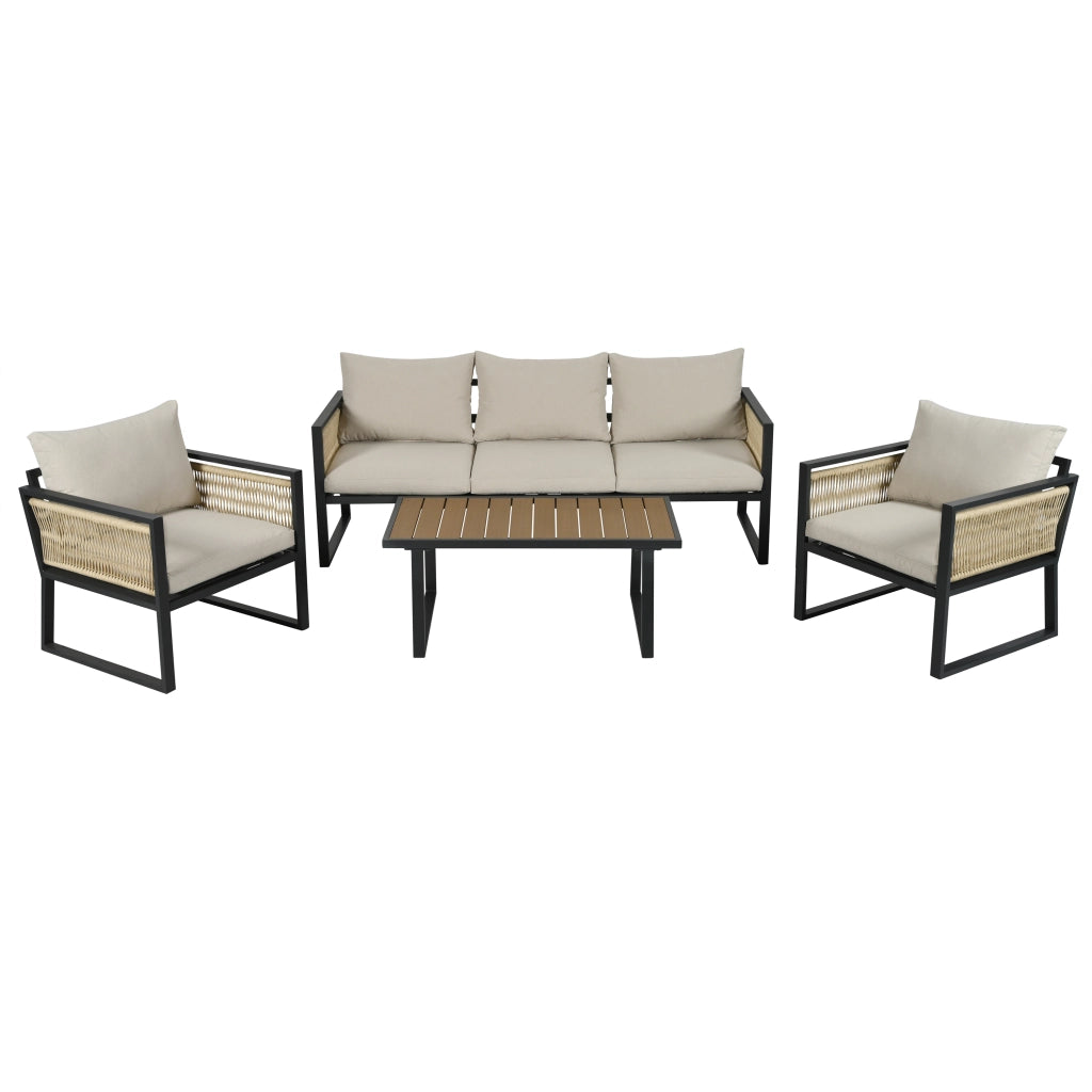 Set poltrona per mobili da giardino 4 pezzi. Set di mobili da giardino divano a 3 posti 2 poltrone e tavolino da caff¨¨ esterno piano tavolo in legno in plastica braccioli in corda intrecciata acciaio zincato beige