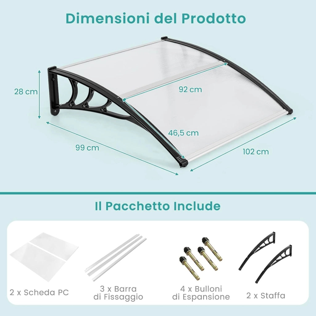 Tettoia per Porta Finestra, Pensilina Tettoia per Porta in Policarbonato, per Protezione da Sole, Pioggia, Neve, per Balcone, Finestre e Porte (102 x 99 x 28 cm,Grigio)