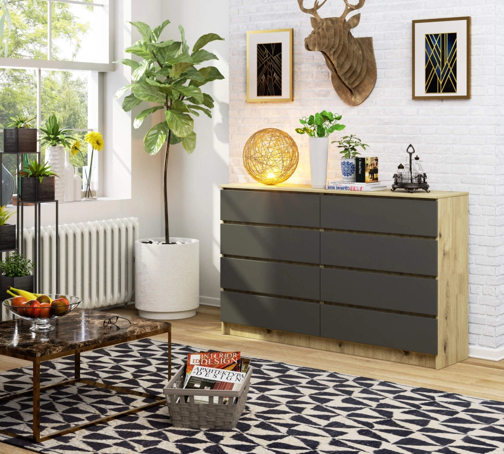 Cassettiera AKORD K160 Quercia Artisan 160 cm 8 cassetti inserto frontale Grigio Grafite 160x40x99 cm
