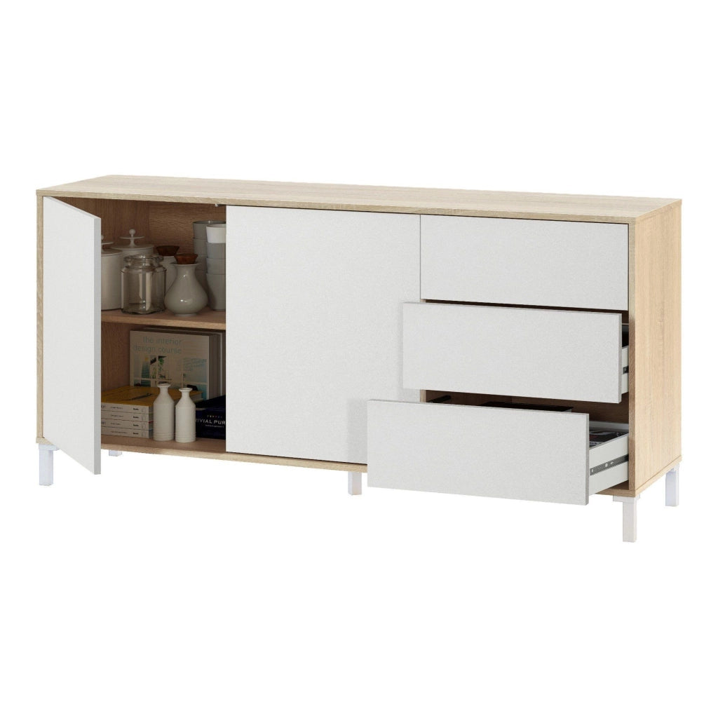 Credenza Ardelia, Madia moderna a 2 ante e 3 cassetti, Buffet da soggiorno, Mobile porta TV, Madia per salotto, cm 154x41h74, Rovere e Bianco