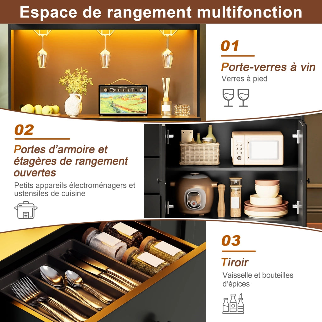 Credenza da cucina con 3 portabicchieri; LED RGB; prese integrate; per cucina e sala da pranzo; 100 × 40 × 180 cm