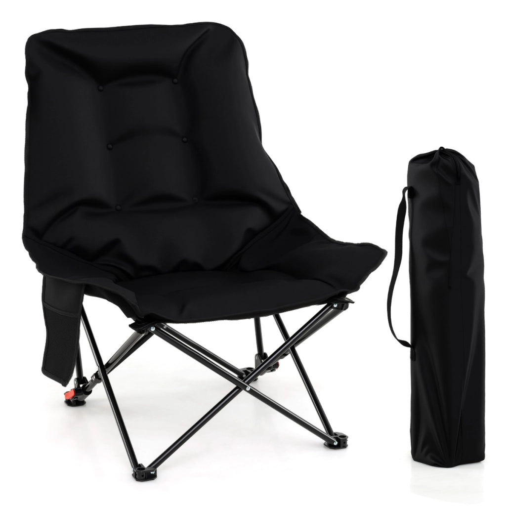 Sedia pieghevole imbottita con schienale regolabile e tasca laterale carico massimo 150 kg-Sedia da campeggio portatile Nero