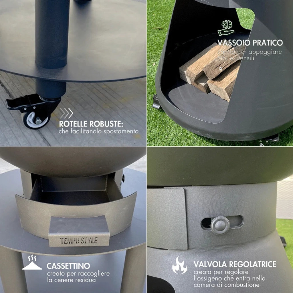 Tempo Style – Barbecue a Legna e Carbone Yucatán Antracite | BBQ in Acciaio Corten da Esterno con ruote e Griglia di cottura in Acciaio Inox 316