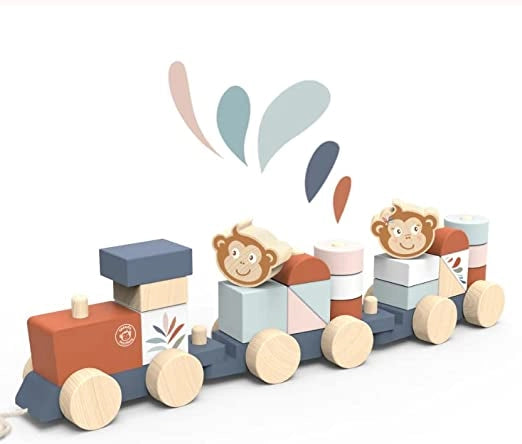 Trenino in Legno Trainabile trenino in legno per bambini Locomotiva e Vagoni a Ruote Trainabili con Spago Treno Giocatto