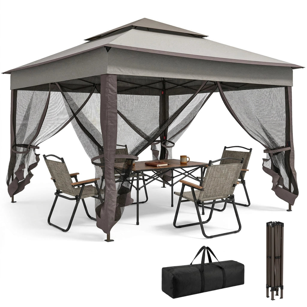 Gazebo pieghevole con 4 pareti laterali in rete anti-UV e borsa da trasporto ¨C zephmum ¨C 3.3x3.3 m grigio