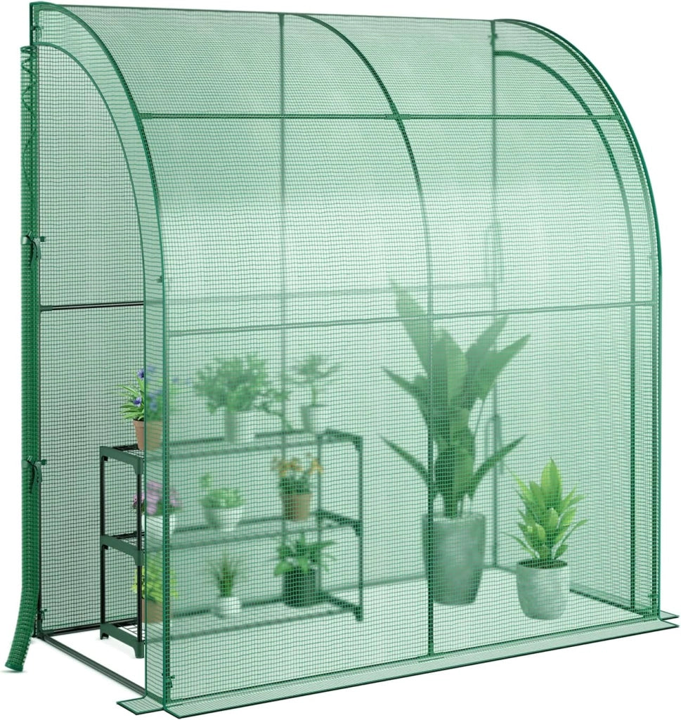 Serra da Giardino da Parete, Serra da Esterno Walk-in con Copertura in PE Resistente alle Intemperie, Porte a Cerniera Avvolgibili e Scaffale Porta Piante, 200 x 100 x 215 cm