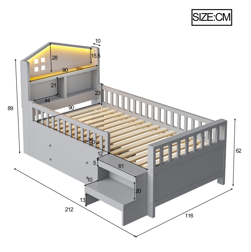Letto per bambini 90x200 cm con 4 cassetti, LED, USB e USB-C grigio