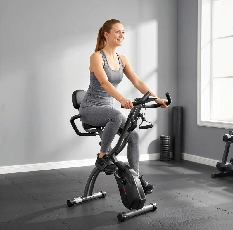 Cyclette Pieghevole 3 in 1 con Schienale, Bluetooth, LCD e Fasce Elastiche