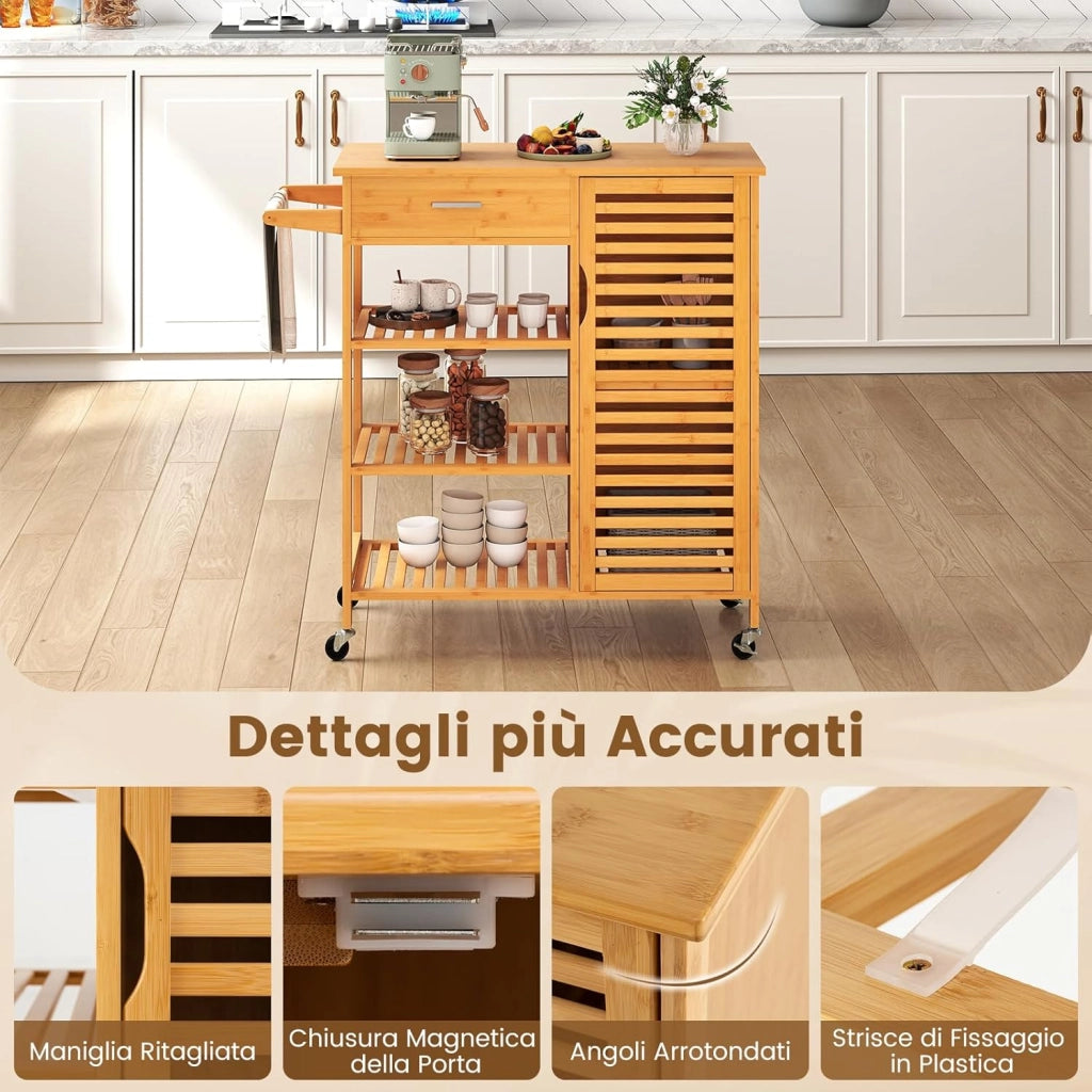 Carrello da Cucina in Bambù, Mobile Cucina con Ruote Cassetto, 3 Ripiani Aperti, Armadietto, Portasalviette, Carrello da Portata per Sala da Pranzo, 91 x 44 x 89 cm