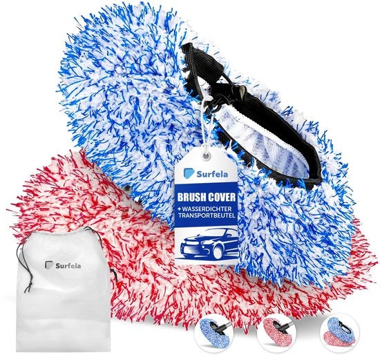 Microvezelborstelhoes Premium - ultrazacht e krasvrij, protegge la vernice, compatibile con SB Autowasborstels, inclusa custodia impermeabile (2 pezzi - rosso e blu)
