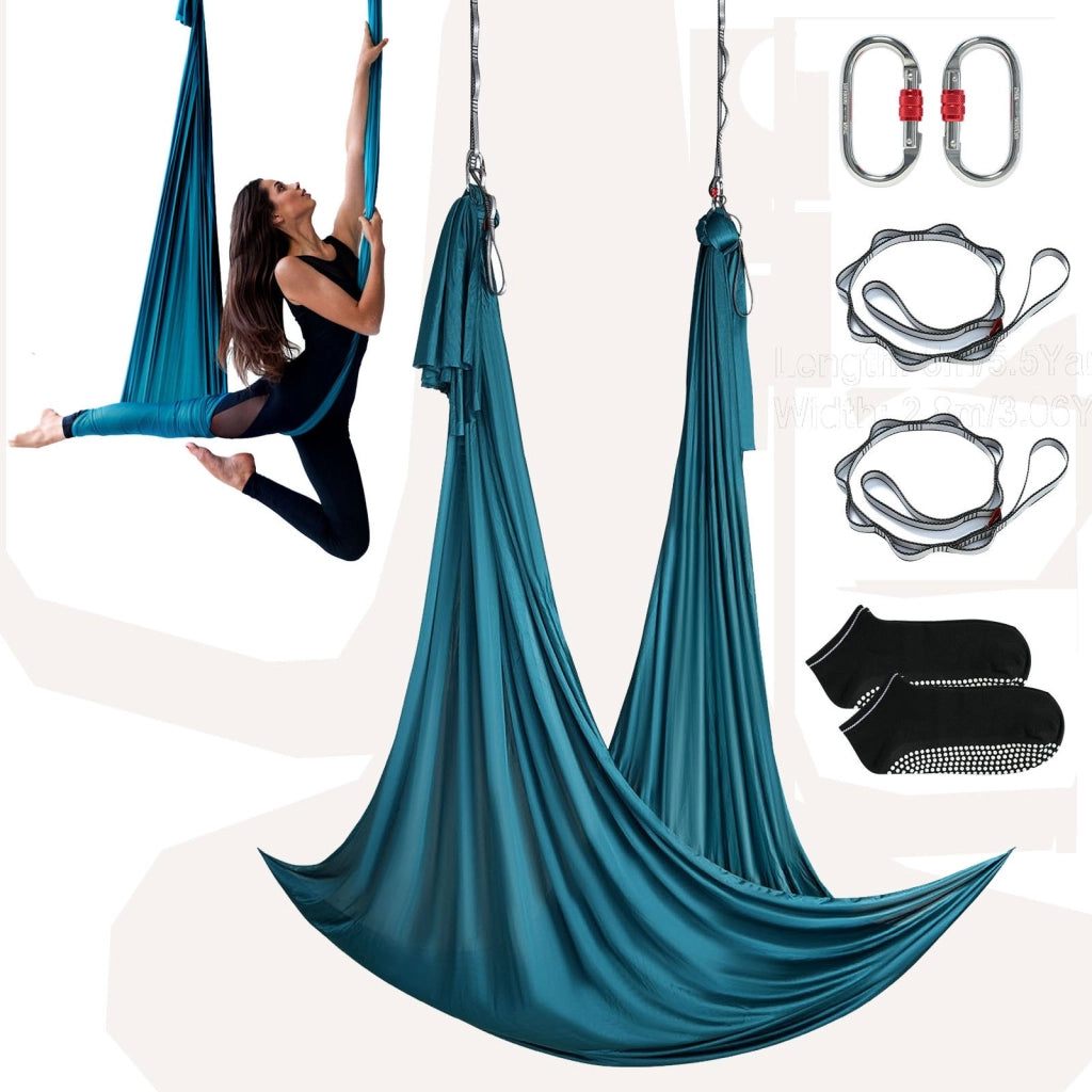 Altalena e Amaca per Yoga Aereo, Volo Antigravità, Nylon Verde 100 g/m², 5,5 Metri, Kit Completo con Hardware, Guida Facile, per Casa e Bricolage