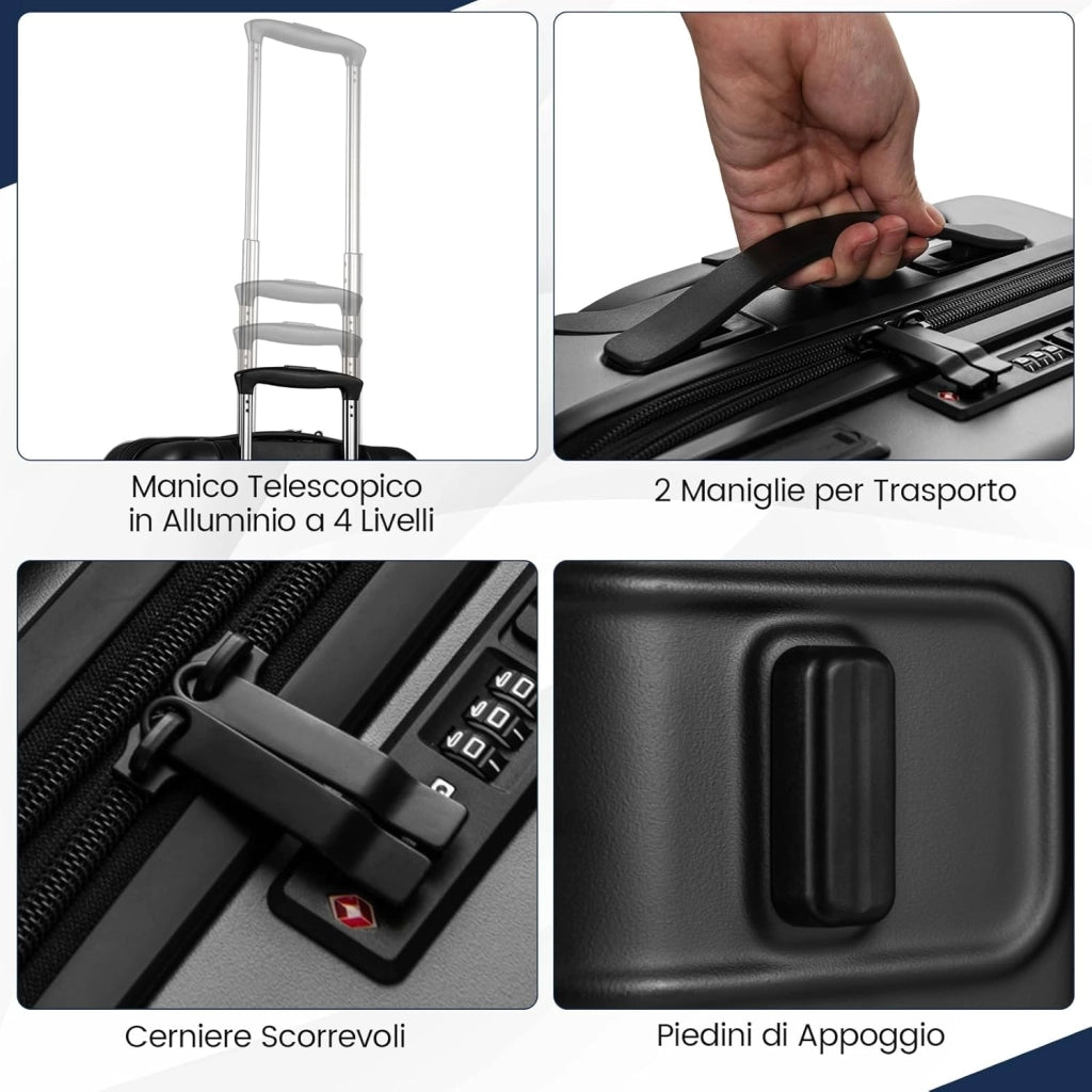 Valigia Bagaglio a Mano 20" con Tasca Frontale, Porta USB, Trolley Bagaglio a Mano con Serratura, Ruote Girevoli, Manico Regolabile (Senza Beauty + Nero)