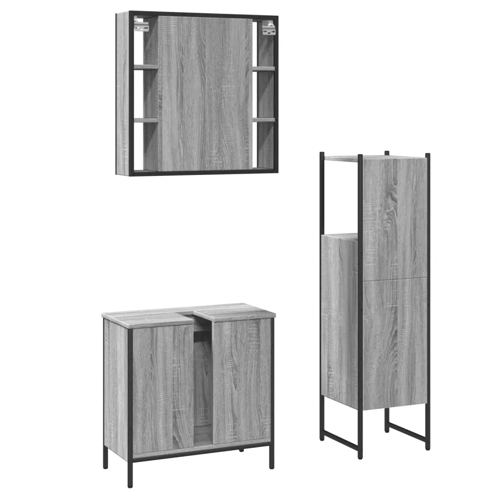 Set Mobili da Bagno | Armadio da bagno 3 pz Grigio Sonoma in Legno Multistrato