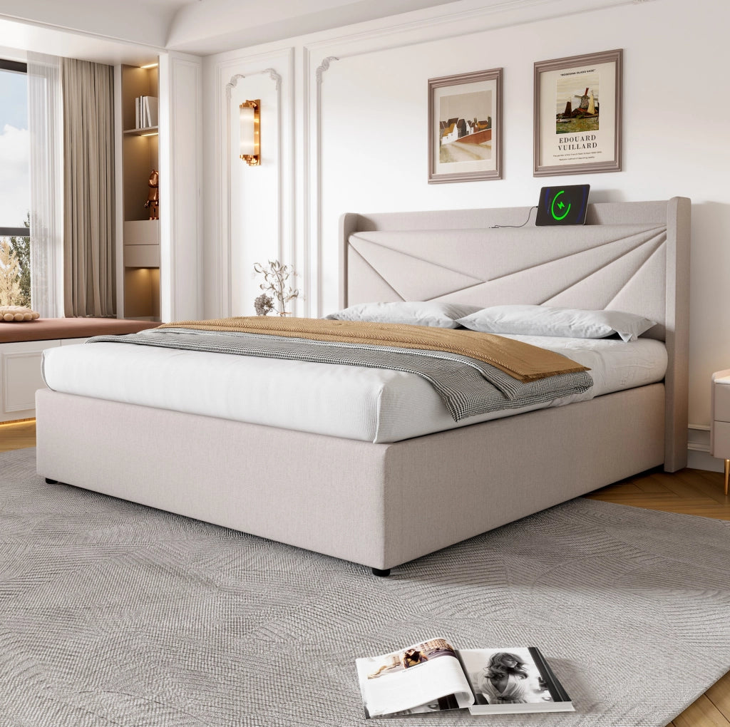 Letto matrimoniale 160x200 beige con contenitore, USB e Type-C