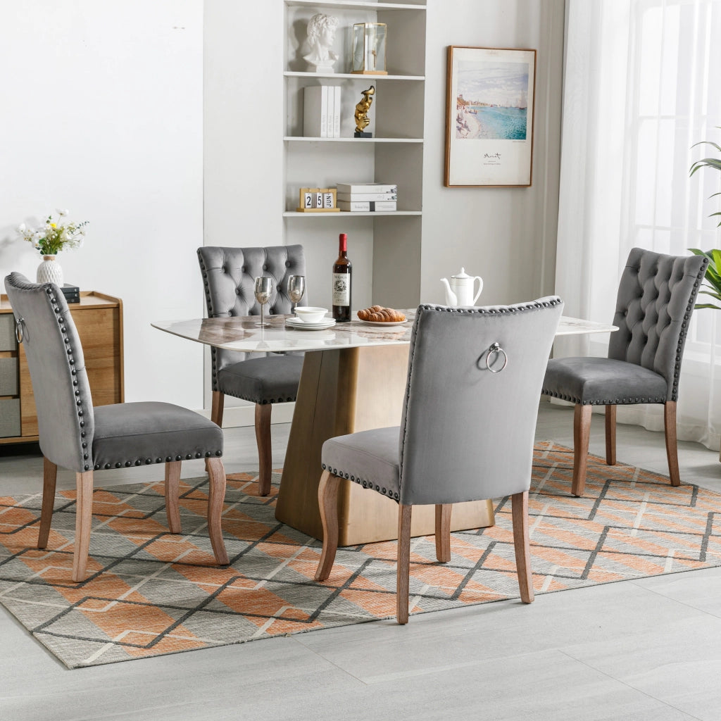 Sedia da Pranzo Imbottita in Velluto ¨C Xylo ¨C Gambe Legno Massello, Grigio, Set 4 Pezzi