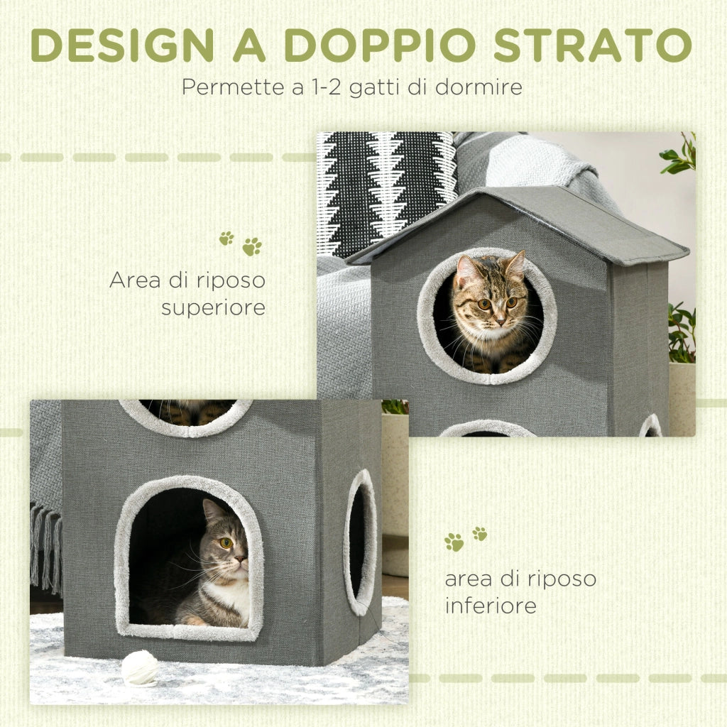 EasyComfort Casetta per Gatti a Due Livelli con Cuscini Lavabili 3 entrate, 42x46x59.5 cm, Grigio