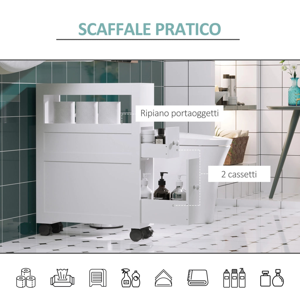 EasyComfort Mobiletto da Bagno 2 Cassetti Salvaspazio con 4 Ruote Legno 16x52x71.5cm Bianco