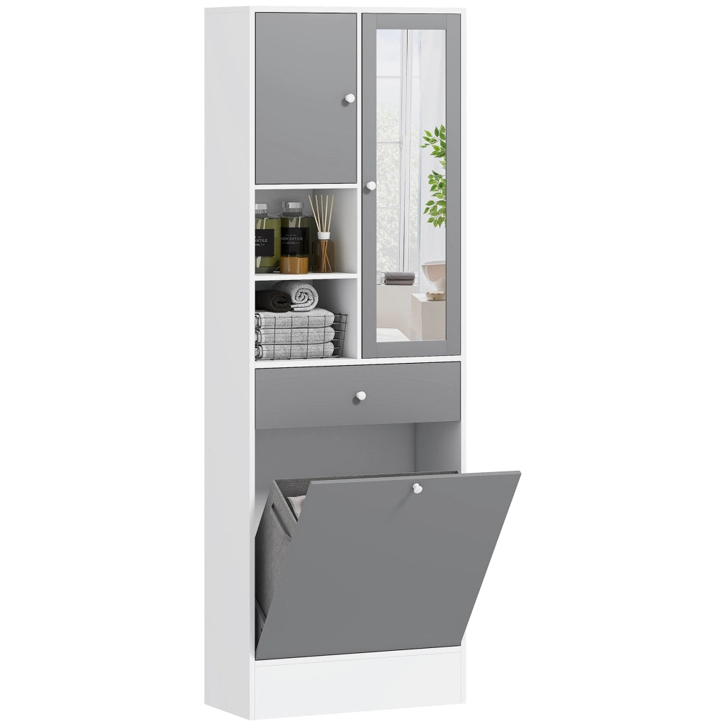 Mobile da bagno con cesto per la biancheria e specchio ripiano regolabile ¨C zephmum ¨C 62x28.3x181 cm grigio bianco