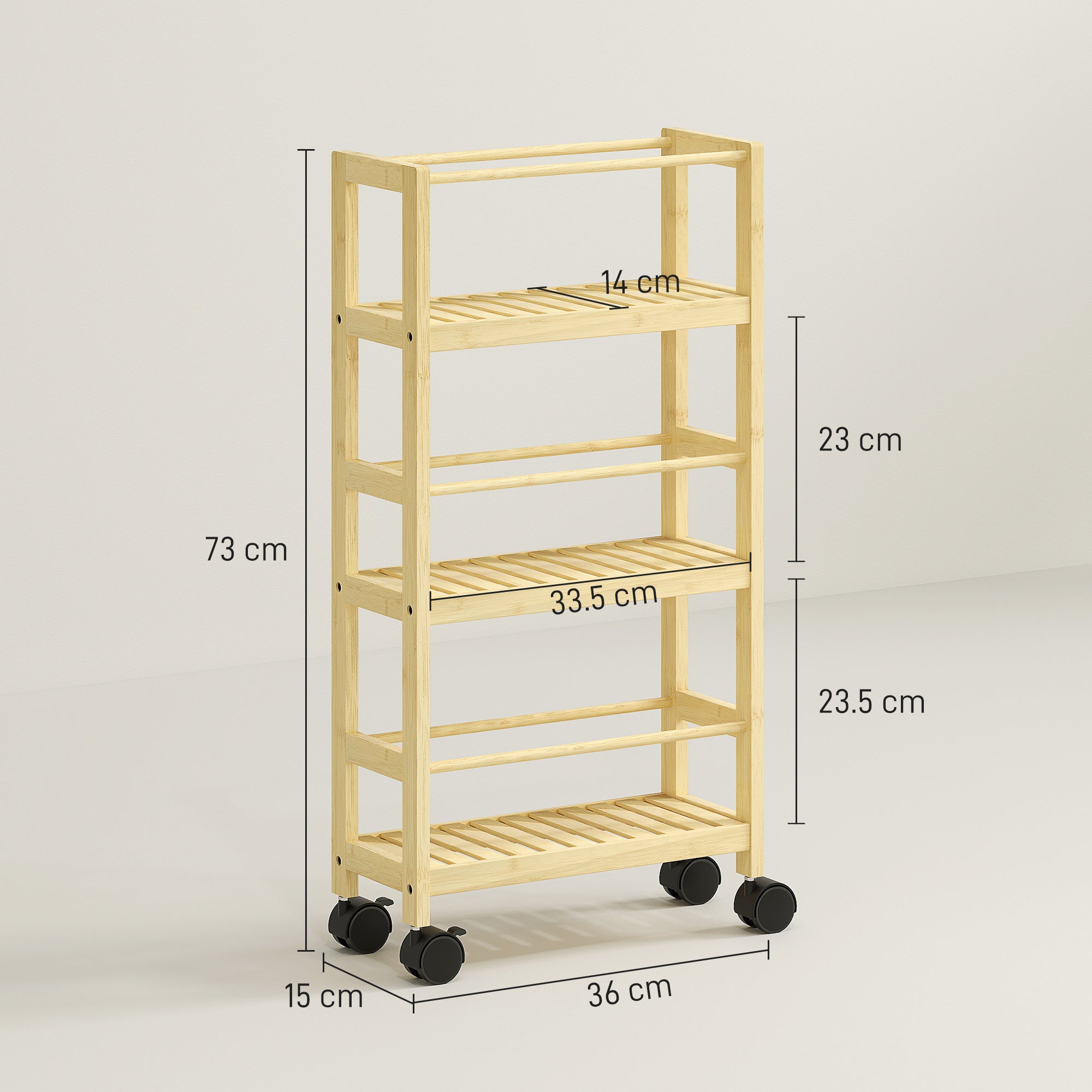 Scaffale Bagno a 3 Livelli 36x15x73 cm con Ruote in Legno di Bambù