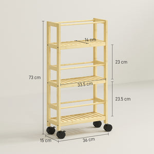 Scaffale Bagno a 3 Livelli 36x15x73 cm con Ruote in Legno di Bambù