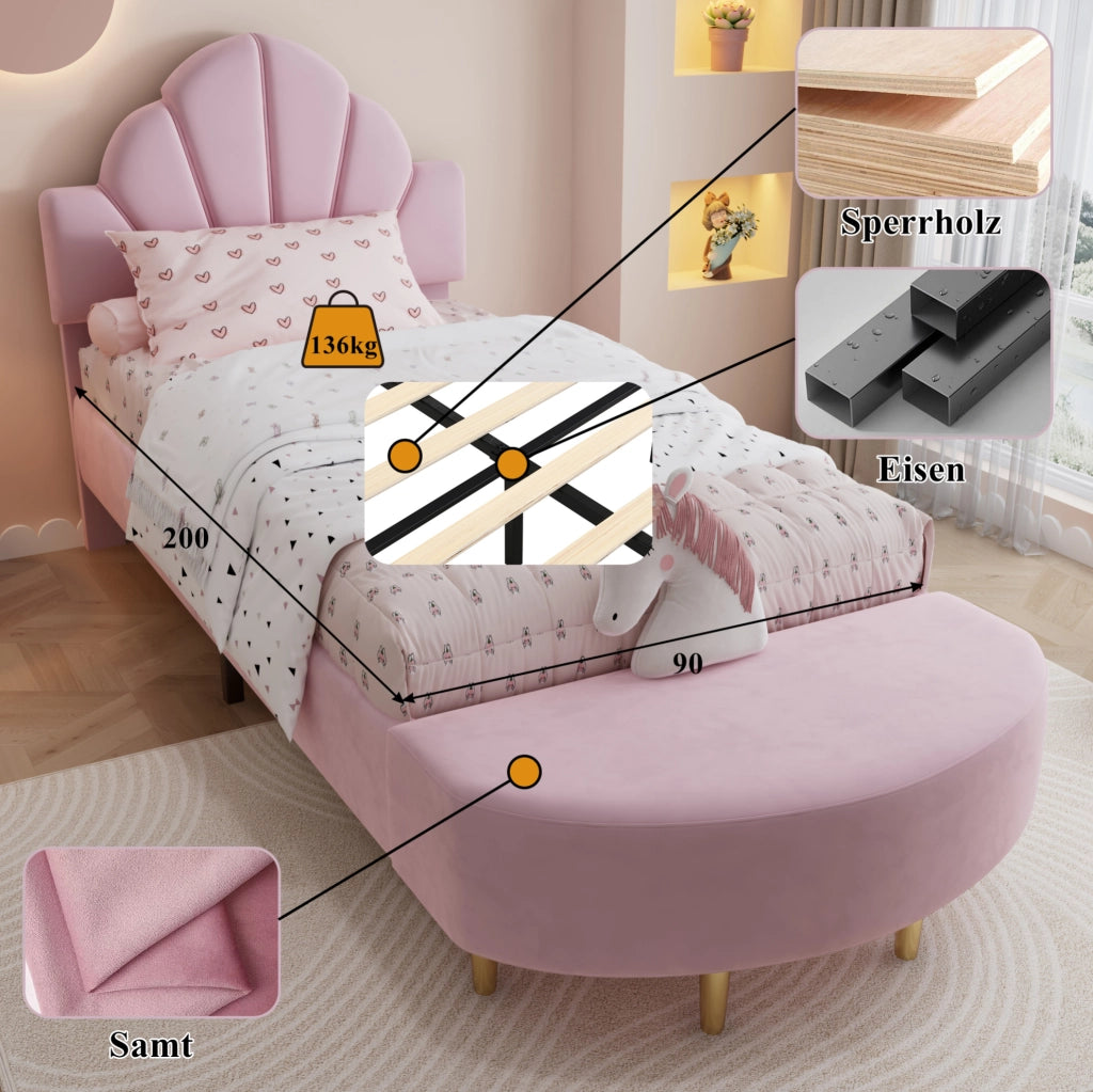 Letto singolo imbottito rosa 90x200 cm con panca