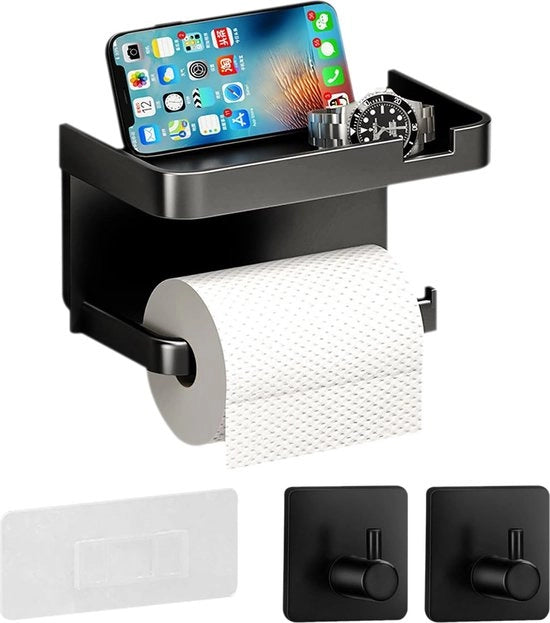 Toiletpapier holder senza foratura con 2 ganci adesivi, holder di carta igienica adesiva con pannello, holder di carta igienica per bagno e cucina (nero)