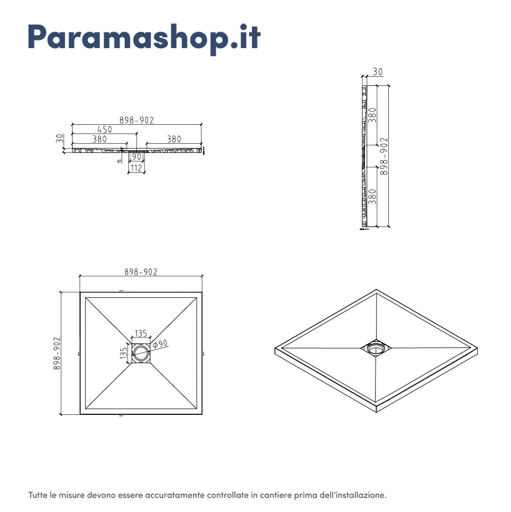 Piatto doccia quadrato 90x90 cm in marmoresina bianco effetto pietra h3 cm | Milos