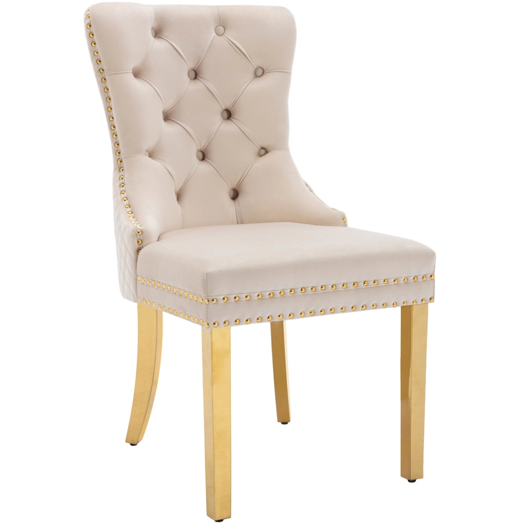 Sedia da pranzo in velluto beige con gambe dorate