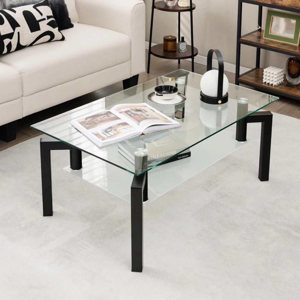 Tavolino da Salotto in Vetro Temperato Moderno, Tavolo Basso Rettangolare a 2 Livelli con Struttura in Metallo, Tavolino da Caffè per Soggiorno e Ufficio, 100 x 60 x 43 cm