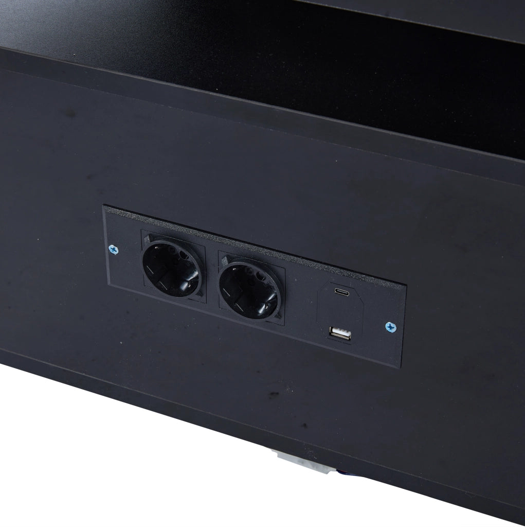 Tavolino da caffè nero lucido 100×50×43 cm con LED; presa UE; USB e mobiletto