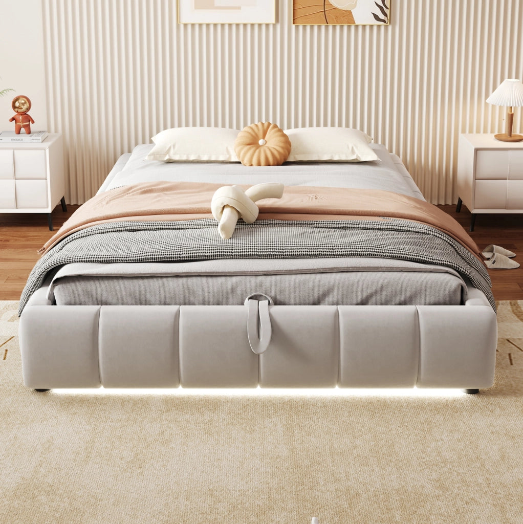 Letto una piazza e mezza 140x200 cm con contenitore idraulico e LED bianco; beige