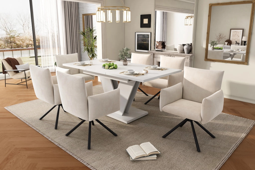Set da pranzo allungabile con tavolo e sedie, piano bianco in MDF, design moderno