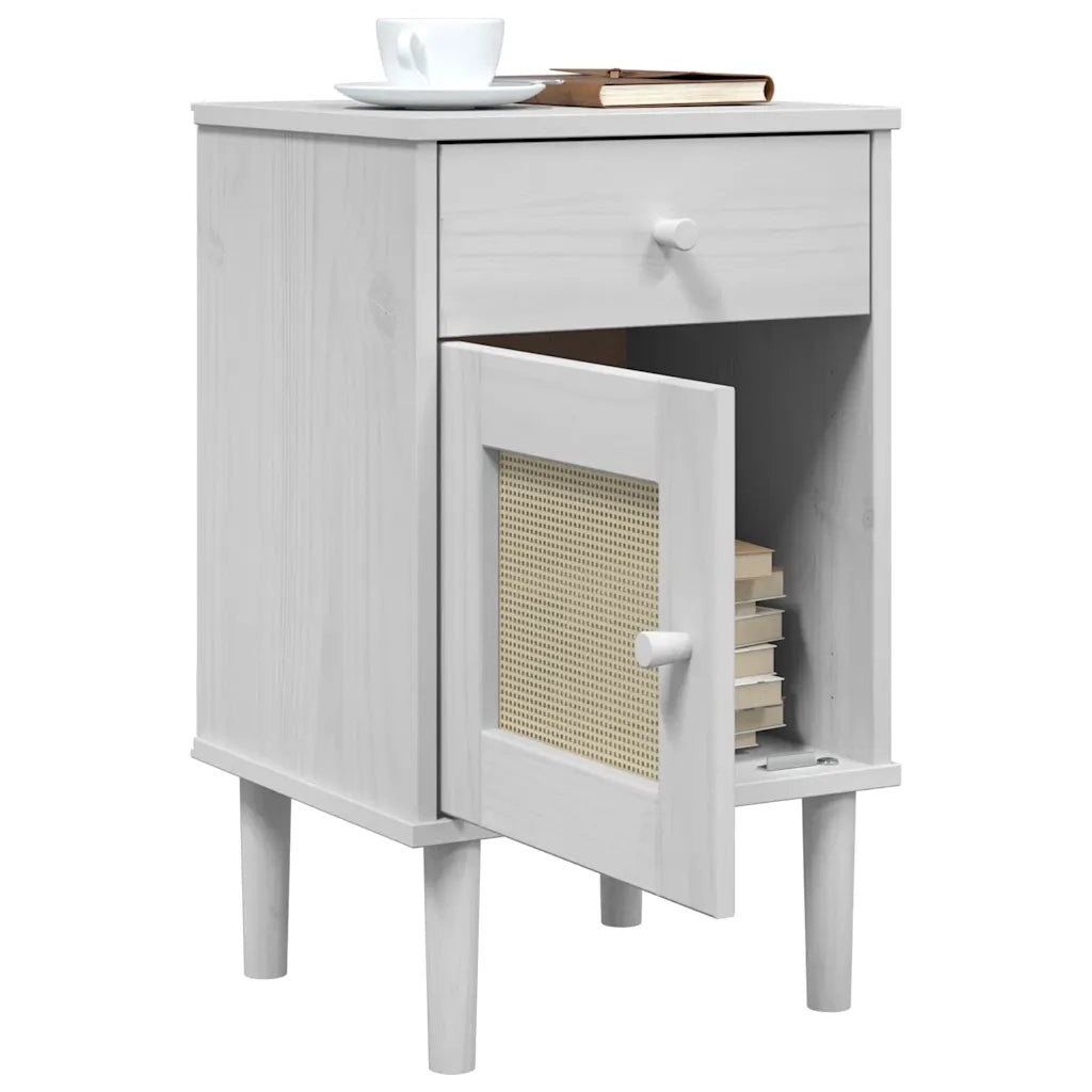 Comodino SENJA Aspetto Rattan Bianco 40x35x65 cm in Legno Pino 358014