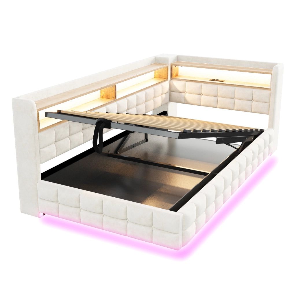 Letto singolo imbottito 90x200 cm con contenitore idraulico; LED e prese; beige