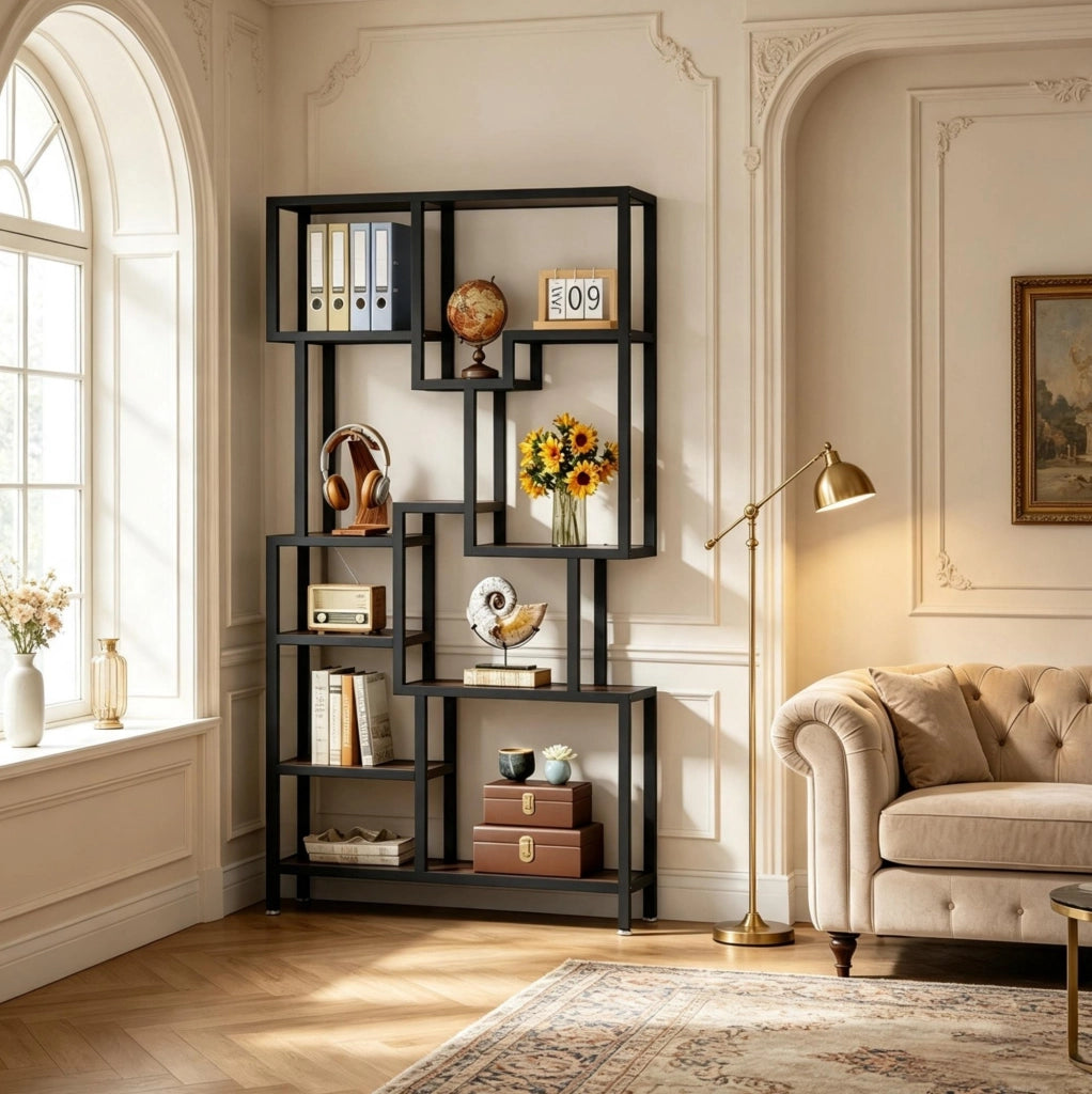 Libreria 100x30x180 cm in metallo e truciolare nero e marrone salvaspazio –